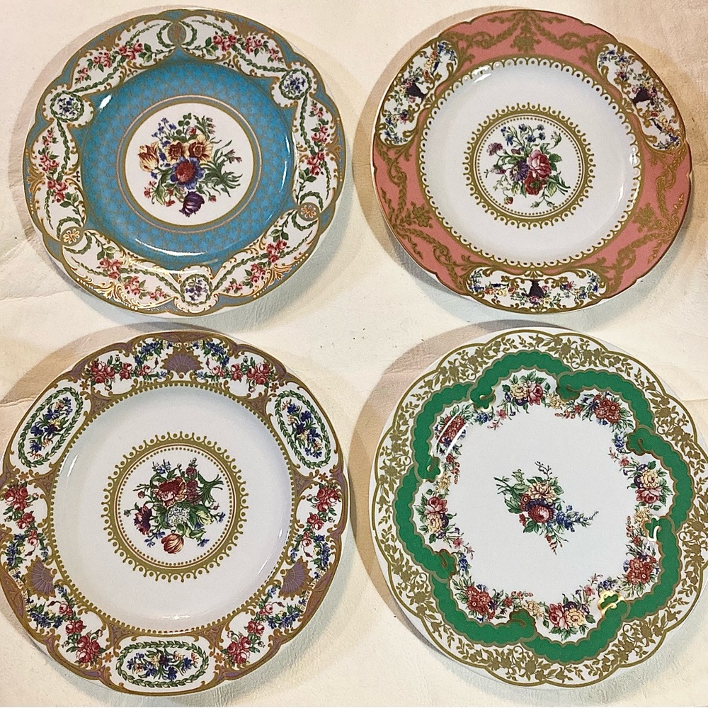 Andrea by Sadek Collection Sevres Floral Porcelain 8.25” Plates, Set of 4